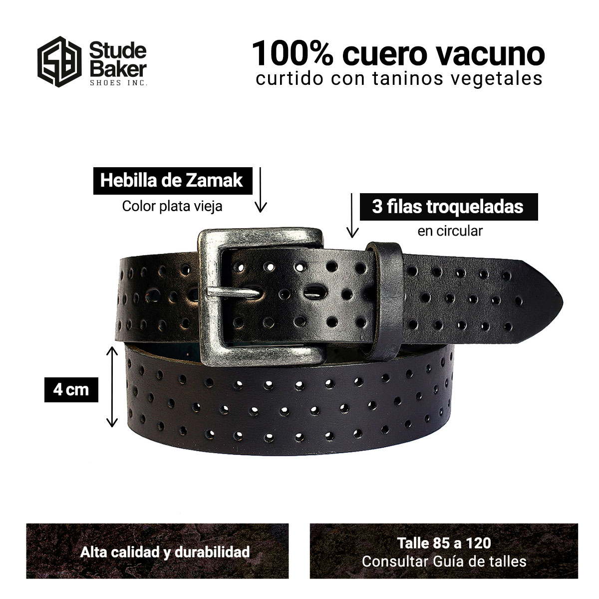 Cinturon Studebaker Forest Picado Cuero Negro - Imagen 6