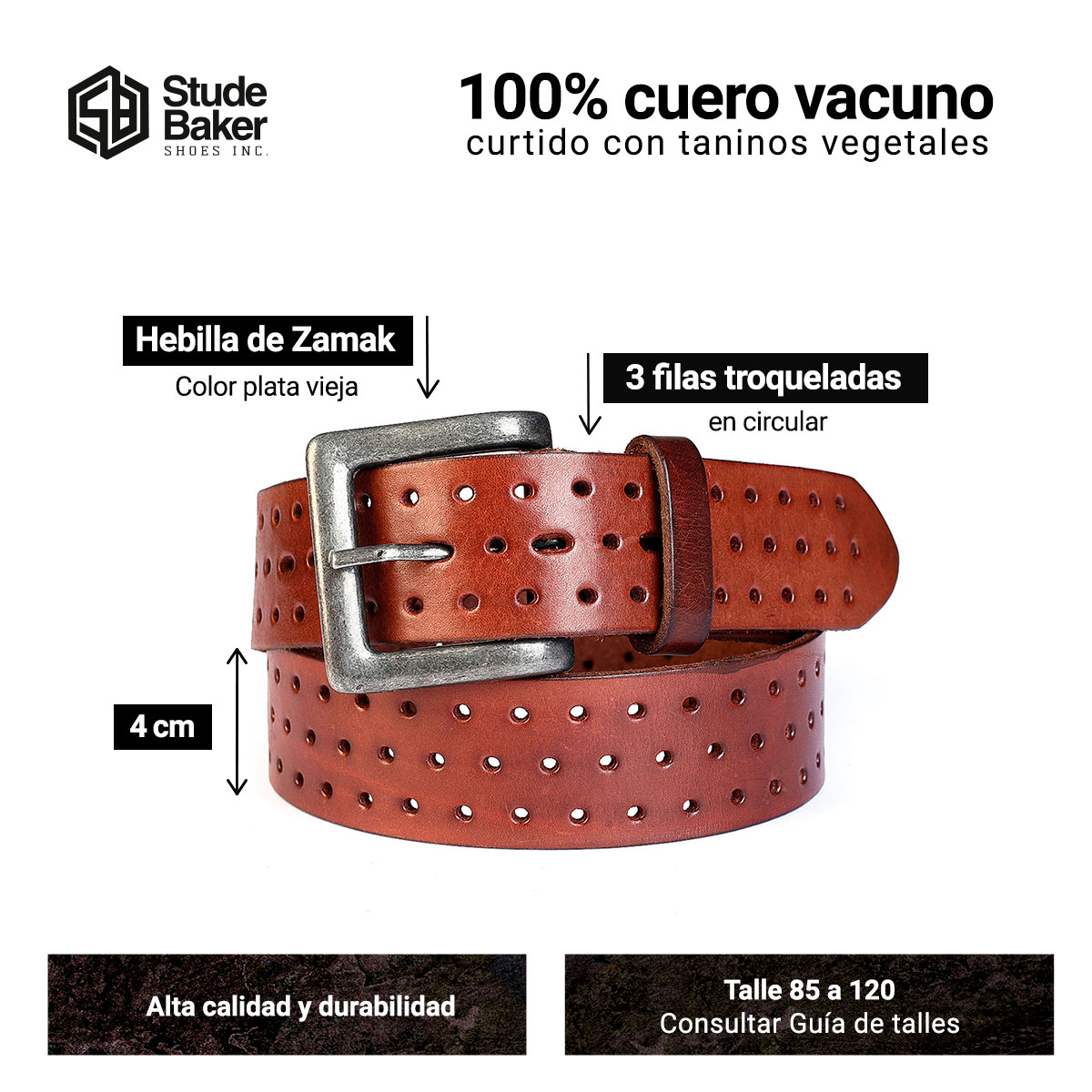 Cinturon Studebaker Forest Picado Cuero Marron - Imagen 6