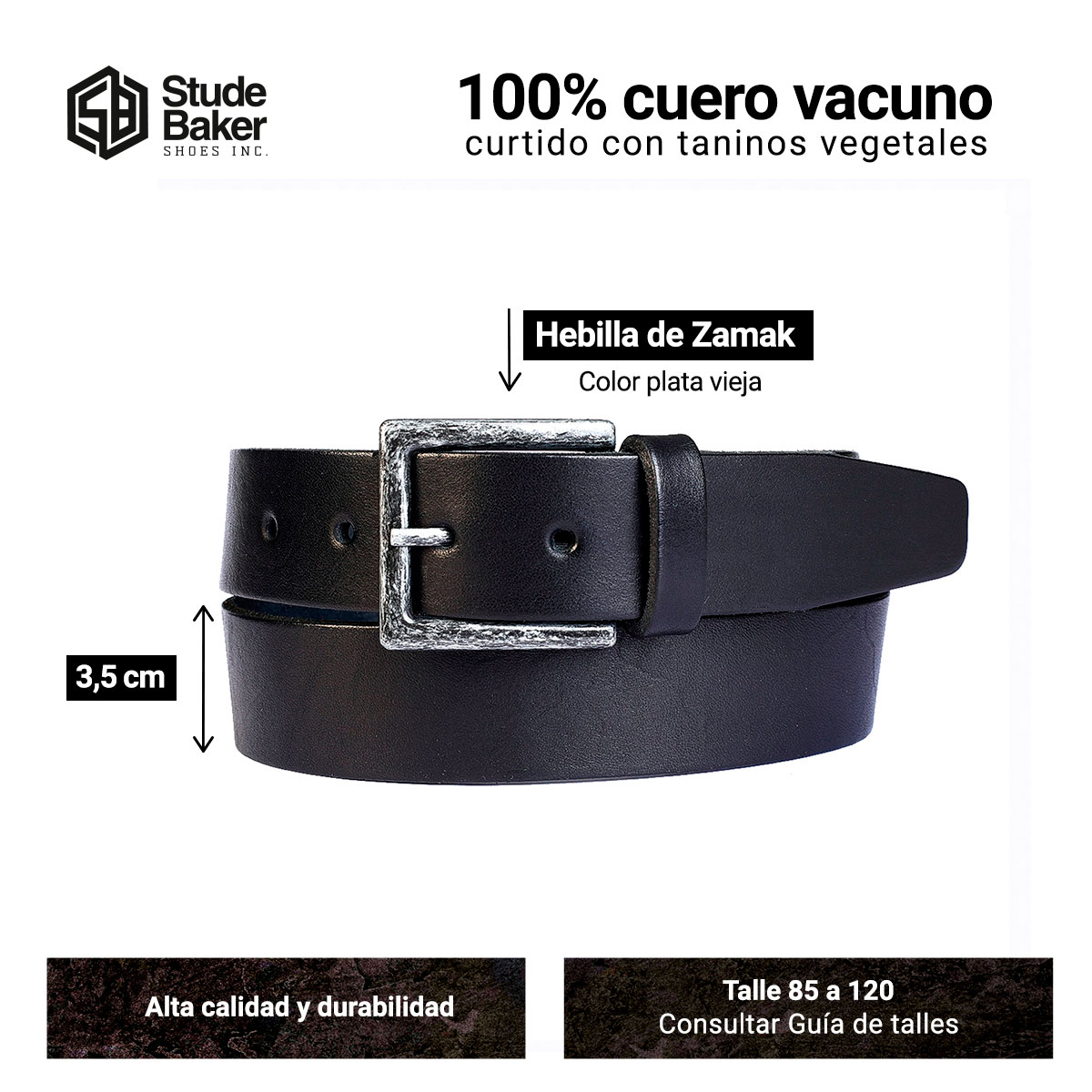 Cinturon Studebaker Hebilla Gastada Cuero Negro - Imagen 6