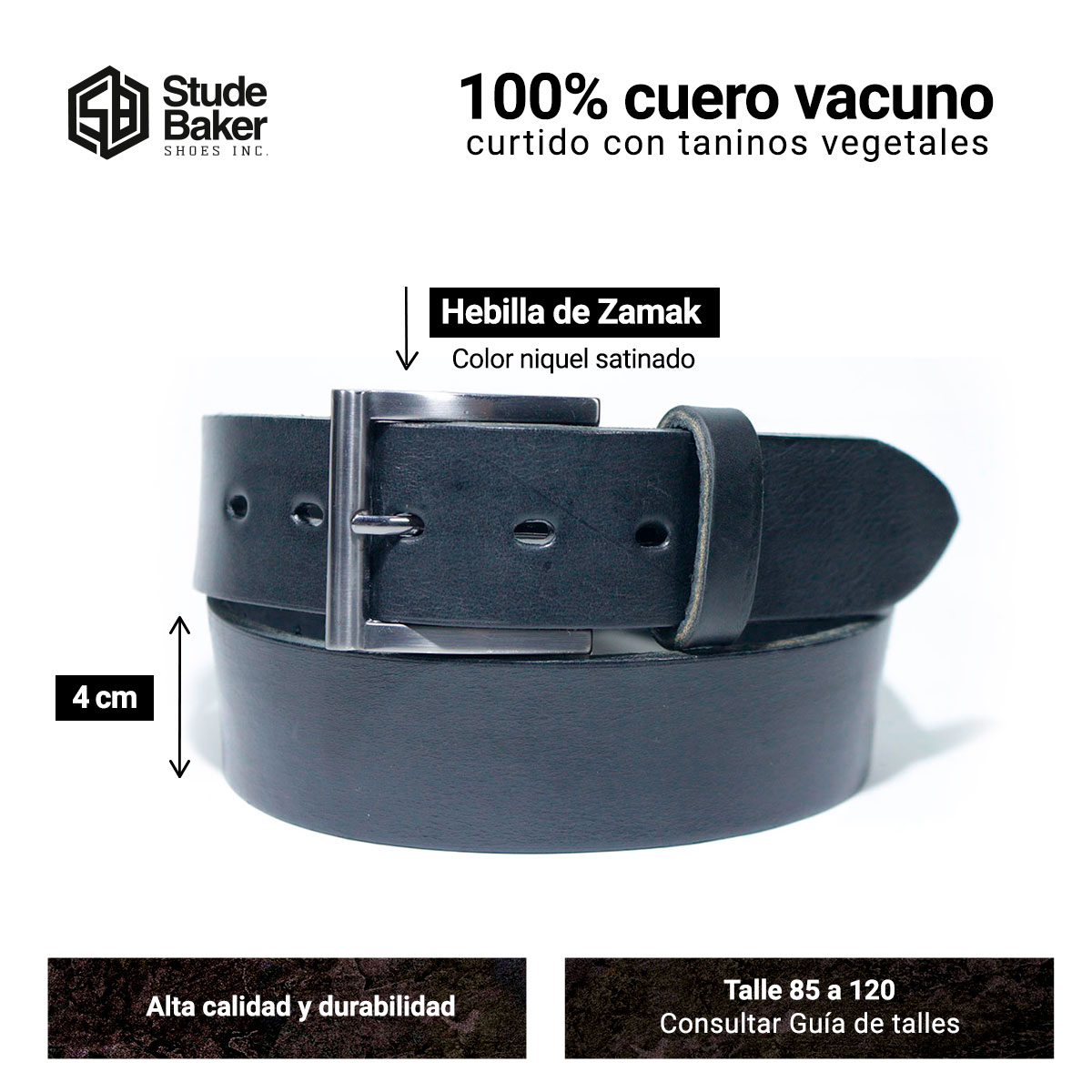 Cinturon Studebaker Cuero Vacuno Negro - Imagen 2