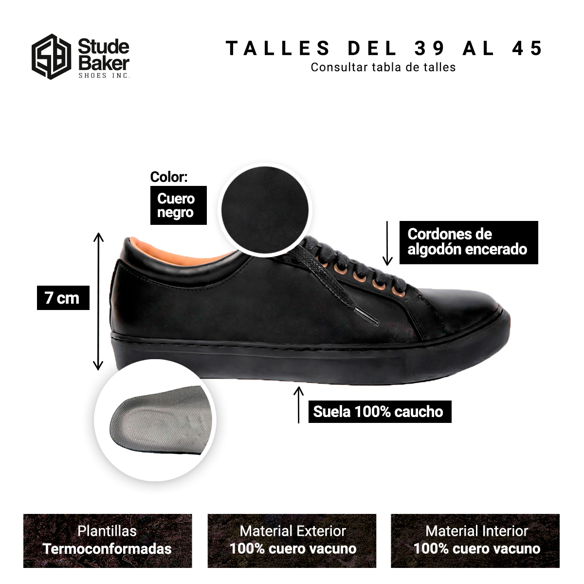 Zapatillas Studebaker Goose Cuero Negro Suela Negro - Imagen 6